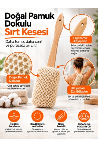 Hanex Pamuk Saplı Sırt Kesesi, Uzun Saplı Banyo Duş Kesesi, Sırt Ve Vücut Temizleme Peeling Kesesi