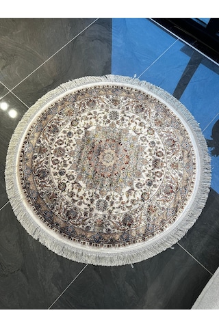 Orfe İpek Tuşeli Halı Salon Halısı, Oturma Odası Halısı, Antre Giriş Halısı Yuvarlak Bej