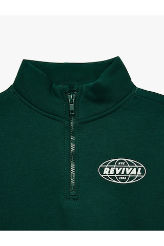 Koton Baskılı Şardonlu Pamuklu Fermuar Detaylı Uzun Kollu Dik Yaka Sweatshirt Yeşil 7wkb10311tk