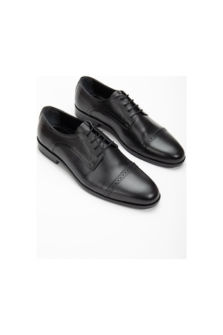 Hakiki Doğal Deri Zımbalı Parçalı Siyah Erkek Klasik Ayakkabı-2858-siyah