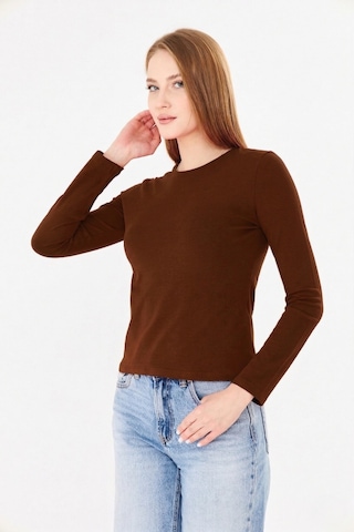 Sortie Collection Bisiklet Yaka Pamuklu Uzun Kollu Basic Penye Tişört Bluz Kahverengi