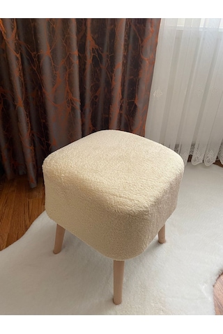 Kare Kesim Ahşap Ayaklı Teddy Kumaş Dekoratif Ekru Renk Puf