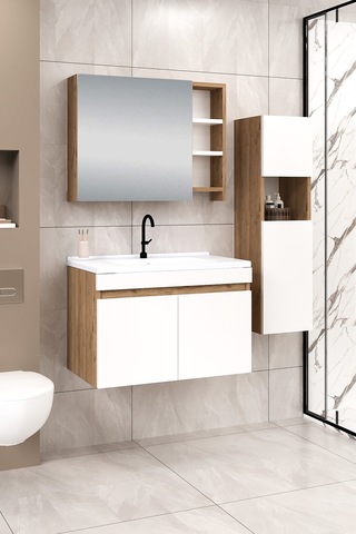 %100 Mdf 80 Cm Saura Banyo Dolabı + 30 Cm Saura Boy Dolabı Beyaz