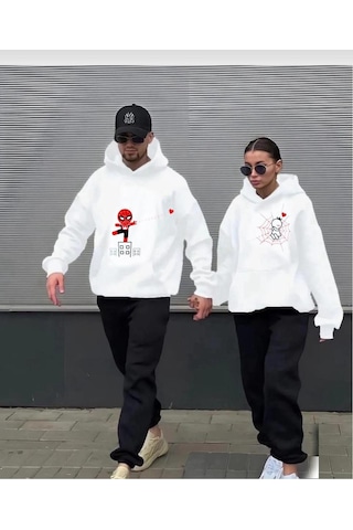 Nzn Collectıon Unisex Kadın Erkek Oversize Sevgili Çift Kombini Spiderman Baskılı Kapüşonlu Alt-üst Eşofman Takımı Beyaz