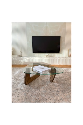 Orta Sehpa - Ceviz Renkli Asimetrik Model 90x65 Cm Temperli Cam Ahşap
