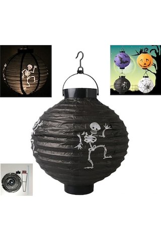 Halloween 20 Cm Led Işıklı İskelet Desenli Siyah Renk Kağıt Japon Feneri Tüm Yaşlar