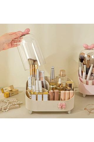 Kapaklı Makyaj Organizeri Toz Korumalı Kozmetik Ve Fırça Düzenleyici Bej