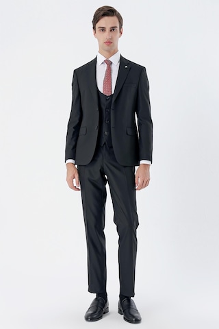 İmza Siyah Mono Yaka Çift Yırtmaç Yelekli 6 Drop Slim Fit Dar Kesim Basic Takım Elbise 1001245186 Siyah