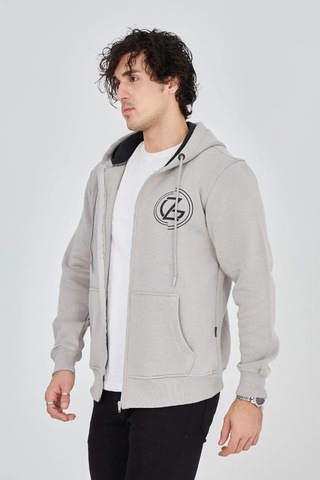 Mbb E-ticaret Erkek 3 İplik Pamuklu Fermuarlı Kapüşonlu Kanguru Cepli Baskılı Hoodie Hırka Sweatshirt - Boyalı Gri