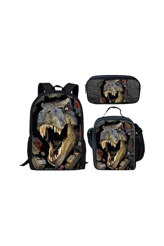 Xindoker Jurassic World Dino Mutfak Çantası + Okul Çanta + Kalem Kutusu 3'lü Set - Öğrenci Çantaları Ve Okul Malzemeleri Siyah