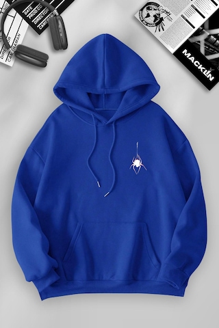 Macklin Unisex Kadın Erkek Örümcek Ön Ve Arka Baskılı Özel Tasarım Kapşonlu Sweatshirt Mavi Mck1220 Mavi