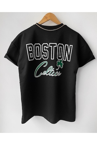 Boston Celtic Oversize Baskılı Pamuklu Bisiklet Yaka Çocuk Erkek Tişört Siyah