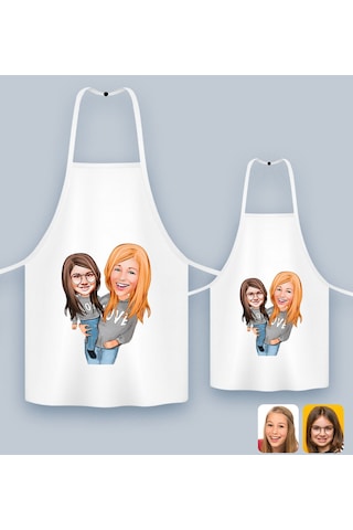 Bk Gift Kişiye Özel İkili Anne Kız Karikatürlü Mutfak Önlüğü Seti-6, Anneye , Anneler Günü leri