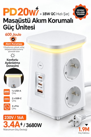 Akım Korumalı Masaüstü Priz 4 Priz, 2 Usb-c + Usb-a, Pd 20w & Qc 18w Hızlı Şarj, 3680w, Led Aydınlatmalı 1.9 M
