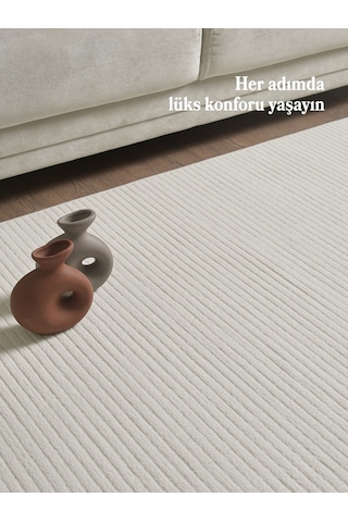 Modern Tasarımlı Salon Mutfak Koridor Halısı Düz Saçaklı Krem Renkli Krem