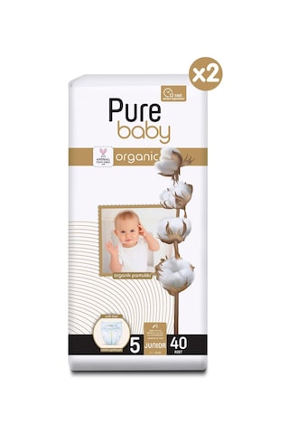 Pure Baby Organik Pamuklu Cırtlı Bez 5 Numara Junior 80 Adet 2'li Paket 2'li