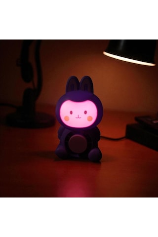 Masa Üstü Vantilatör Mini Tavşan Fan Usb Şarjlı Vantilatör Mor Pembe Işıklı