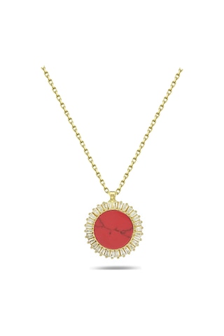 Brezza Lusso Jewelry Mercan Taşlı Kırmızı Baget Gümüş Kolye Altın Kaplama 45 CM