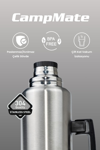 Cooker Ckr2084 Campmate 1.5 L Paslanmaz Çelik Termos Çift Kat Vakumlu, Sızdırmaz Kapaklı, 24 Saat Sıcak 48 Saat Soğuk Kamp, Outdoor, Piknik, Ofis, Otel, Kafe, Okul, Seyahat Gümüş Gümüş