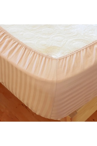 Çizgili Saten Yatak Çarşafı Lastikli 160x200 Yastık Kılıfı 50x70 Krem
