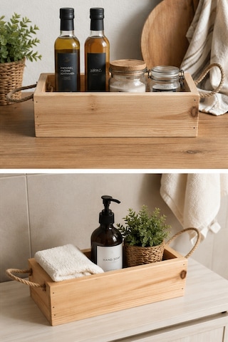 Çok Amaçlı Ahşap Dekoratif Düzenleyici Sepet 30x14 Cm Doğal Çam Ağacı Jüt İp Kulplu