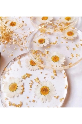 4 Lü Papatyalı Epoksi Bardak Altlığı - 119 Şeffaf