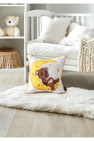 Punch İşlemeli Bebek Çocuk Odası Tekli Dekoratif Özel Tasarım Kırlent 35x35 Cm İç Dolgulu Sarı