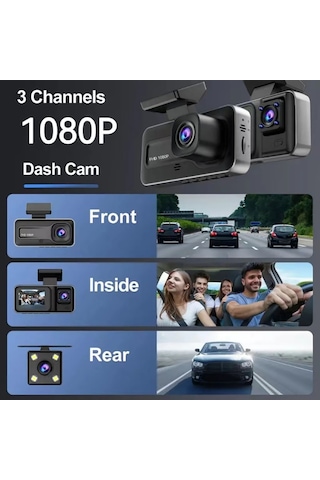 Tenfowee Siyah A98 Üçlü Kamera Araç Dvr - 1080p Full Hd, Gece Görüşü, Döngü Kaydı, Çarpışma Kilidi, 2" Ips Ekran Sd Kart Dahil Değil