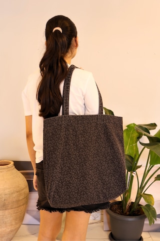 İcone Bag Desenli Yıkamalı Denim Kadın Çantası, Geniş Hacimli, Desenli El Ve Omuz Bez Çanta Shopper Antrasit Leopar