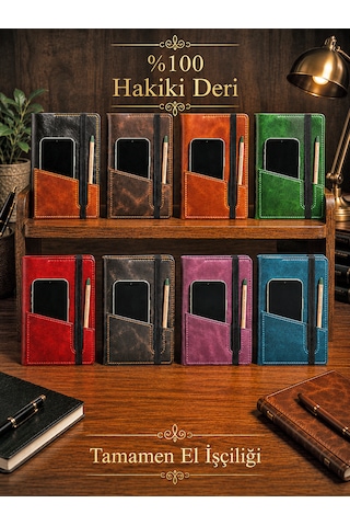 Bilikolik Hakiki Deri A5 Defter Kılıfı, El Yapımı, Telefon Cepli Ajanda Organizer, Defter Ve Kalem Dahil Yeşil