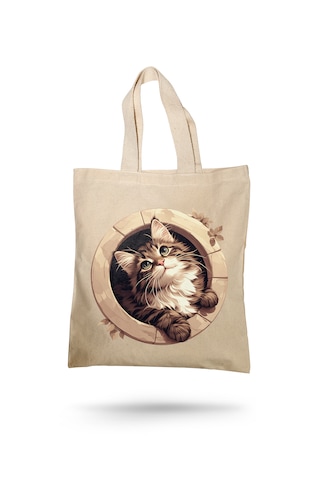 Lunora Collectıon Kedi Baskılı Ham Bez Çanta Ham Renk
