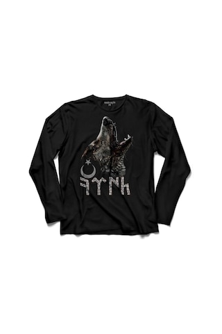 Tsk Göktürkçe Eski Türk Bozkurt Wolf Kurt Hilal Uzun Kollu Tişört Baskılı Çocuk T-shirt 001