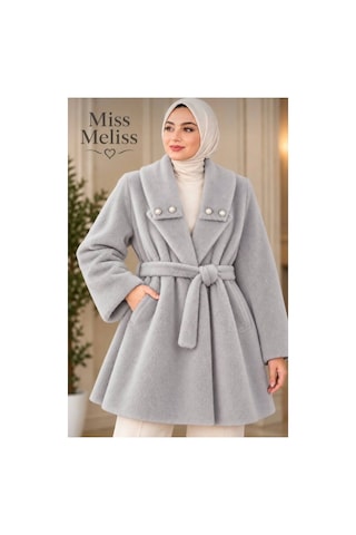 Miss Meliss İnci Detaylı Şık Fox Kumaş Kaban Gri Gri