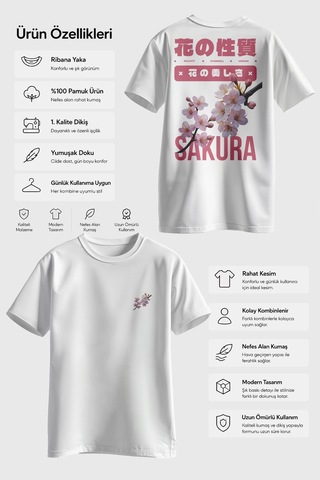 Spoyi Sakura Bloom Tasarımlı %100 Pamuk Yarım Oversize Beyaz T-shirt