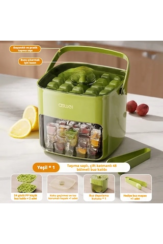 Snapbuy Büyük Kapasiteli Buz Kalıbı, 48 Bölmeli, Bastırmalı Pratik Tasarım, Ev Tipi Buzluk İçin Uygun Yeşil