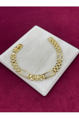 14 K Renginde Minik Taşlarla Kaplı 3 Dikdörtgen Şekilli Gold Bileklik Gold