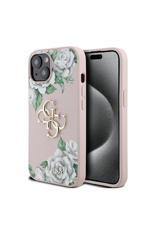 Apple Uyumlu iPhone 15 Kılıf Guess Lisanslı Gül Baskılı Büyük Metal Logo Dizaynlı Kapak Pembe