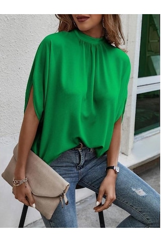 Yaz Dantel-up Leopar Baskı Batwing Kısa Kollu Bluz Zarif Gevşek Rahat Standı Yaka Gömlek Moda Şık Üstleri Kadın 25320 Yeşil