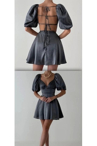 Olla Collection Sırt Detaylı Mini Elbise Siyah Gri