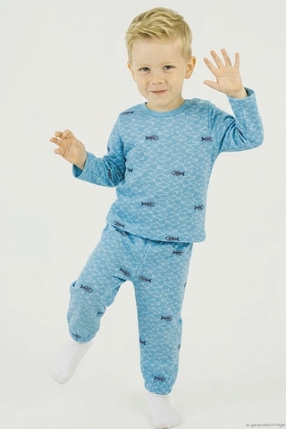 Breeze Erkek Bebek Pijama Takımı Deniz Temalı Köpekbalığı Desenli 9 Ay - 3 Yaş , Turkuaz