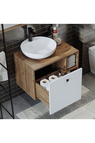Lavabolu Mdflam 65 Cm Çekmeceli Banyo Dolabı Atlantik Çam - Beyaz