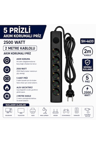 Sh-4633 5 Li Akım Korumalı Priz 2500w 2 Metre Kablolu Anahtarlı Topraklı Çoklu Grup Priz Uzatma Kablosu 2 M