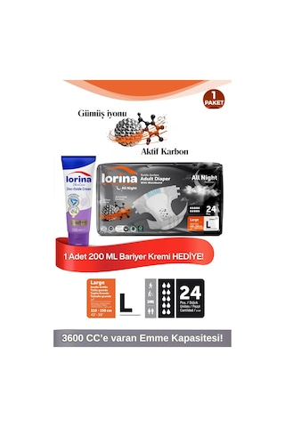 Lorina Aktif Karbon & Gümüş İyon Destekli Bel Bantlı Hasta Bezi Large 24 Lü Bariyer Kremi Hediyeli L