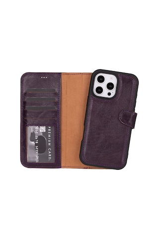 Bloomcase Apple Uyumlu iPhone 16 Pro Max Burgundy Hakiki Deri Cüzdanlı Telefon Kılıfı Mor