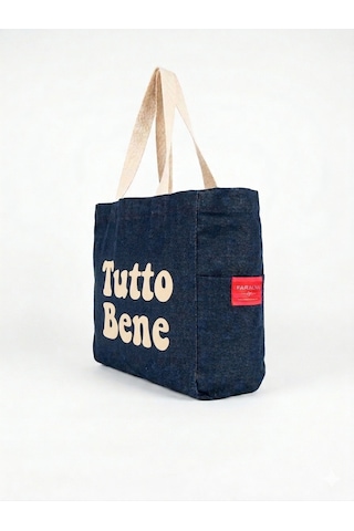 Faralya Life Mavi Kot Denim Çanta Baskılı Pamuk Bez Çanta 52x42 Cm 60 Cm Sap Uzunluğu Açık Krem