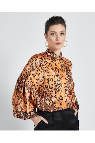 Serpil Exclusive Kadın Leopar Desenli Gömlek - Balon Kol - Saten - Modern Ve Şık Tasarım - Günlük Ve Özel Gün Kullanımı İçin Gömlek Orange