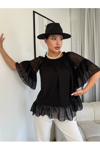 Lodmela Yaka Lastikli Şifon Bluz 6022-Siyah