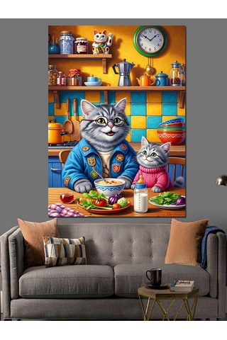 Ahşap Tablo Kedi Aşçı Yemek Yapıyor