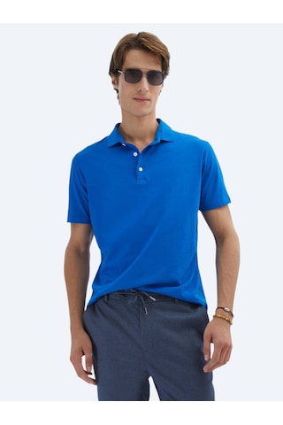 Kip Saks Düz Polo Yaka %100 Pamuk T-shirt Saks