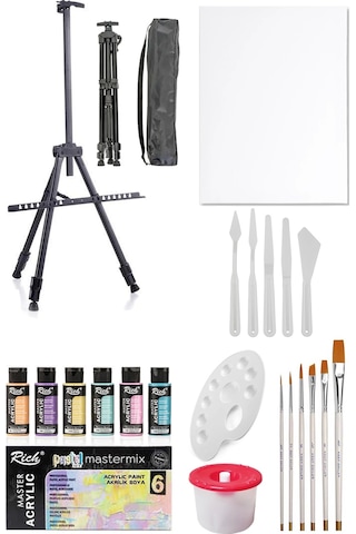 Rich Mastermix Akrilik Boya Seti 6 Pastel Renk 3 Ayaklı Metal Şövale 35x50 Tuval Plastik Spatül Seti